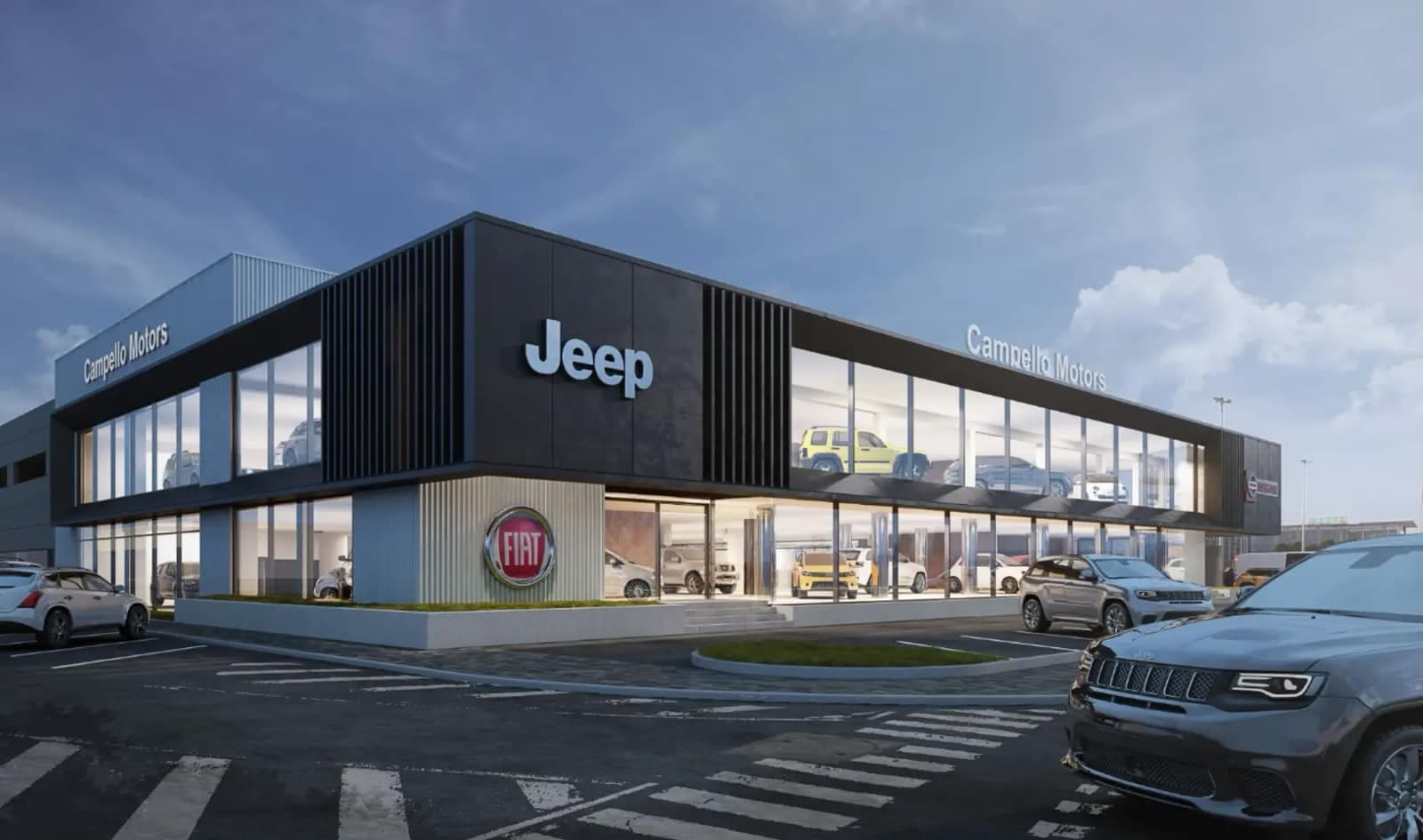 Modern steel structure automobile showroom with glass curtain wall, metal facade, and open vehicle display area.