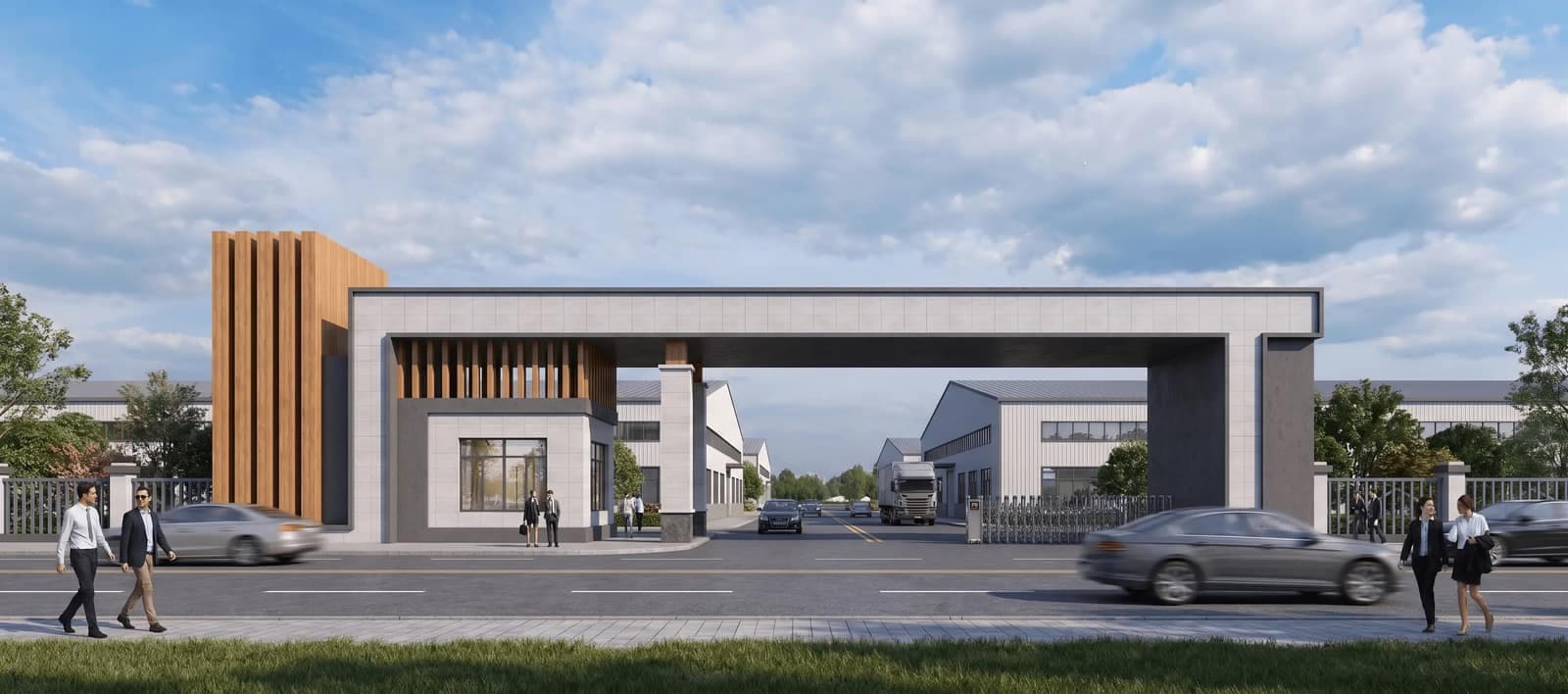Modern steel structure factory gate for industrial parks, factory entrances, and logistics bases.