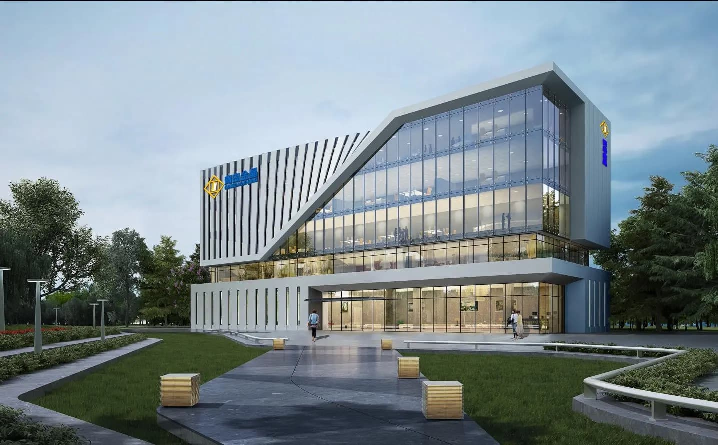 Daytime view of a modern multi-storey steel structure office building with glass curtain wall and metal cladding