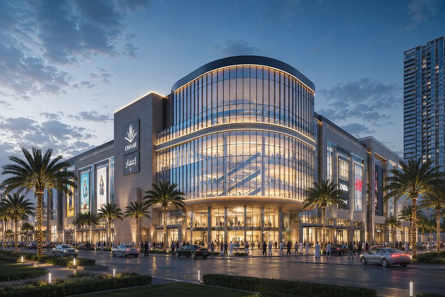 Modern shopping mall steel structure with glass facade in Middle East style