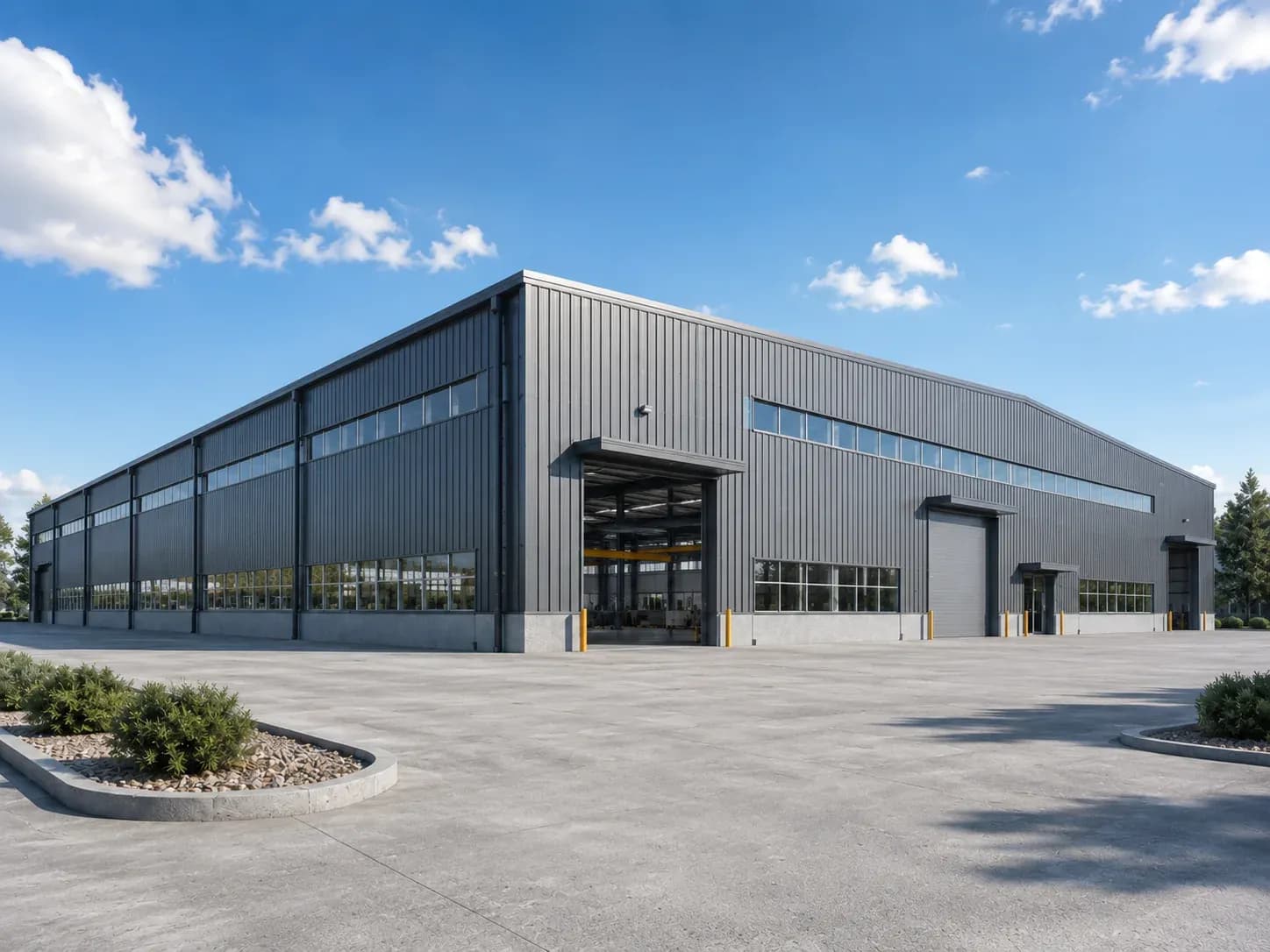 Modern steel structure warehouse with metal cladding and large industrial doors